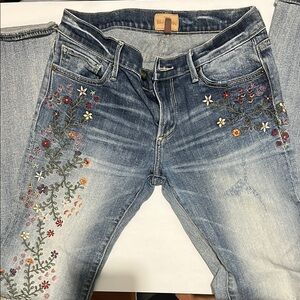 DRIFTWOOD Blue Straight Leg Jeans with Floral Embroidery